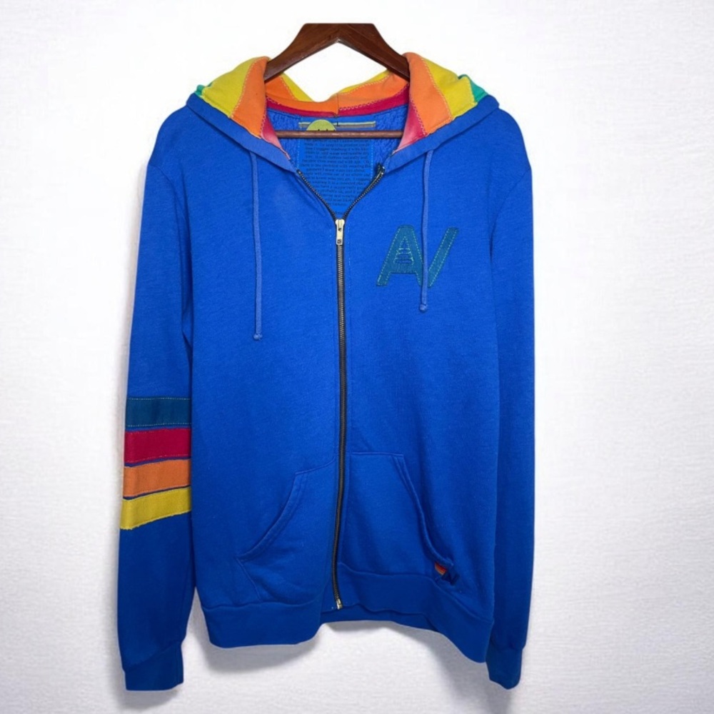 SOLD VTG Rare Aviator Nation Signature Rainbow Zip 4 Stripes Hoodie Blue Large